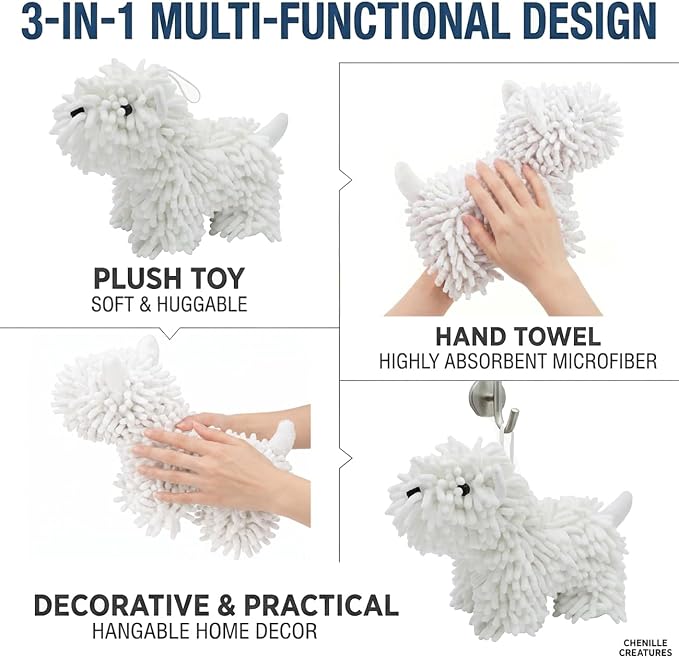Cute Dog Chenille Hand Towel, 3D Puppy Hangable Fuzzy Ball Hand Towel Microfiber Super Soft Absorbent Bathroom & Kitchen Towels with Hanging Loop, Can Be Placed on the Sink Countertop (White & Pink)
