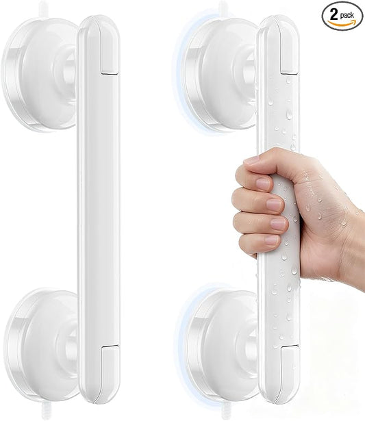 Suction Shower Handle, 2 Pack Grab Bars for Shower and Bathroom, Removable Safety Grip No Drilling & Waterproof, Heavy Duty Suction Cup Bath Handrails Grab Bars for Bathtubs, 11 inch - White