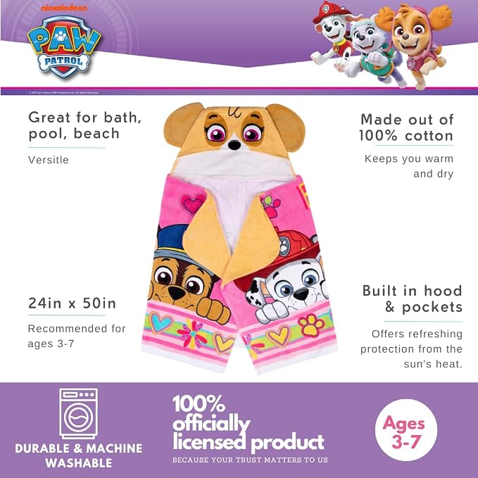 Paw Patrol Girl Skye, Marshall, Chase Kids Super Soft Bath/Pool/Beach Soft Cotton Terry Hooded Towel Wrap, 24 in x 50 in, (Officially Licensed Product) by Franco