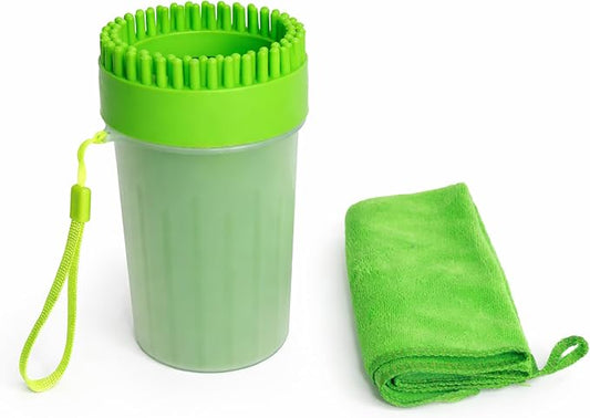 Dog Paw Cleaner Cup with Towel, Pet Paw Cleaner for Dogs & Cats, Portable Muddy Paw Washer with Soft Silicone Bristles, Deep Cleaning Paw Washer Cup (Green)