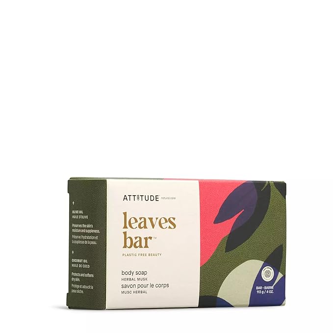 ATTITUDE Body Soap Bar, Natural Origin, Protects and Softens Dry Skin, Coconut & Olive Oils, For men and Women, EWG Verified & Vegan, Herbal Musk, 4 Oz