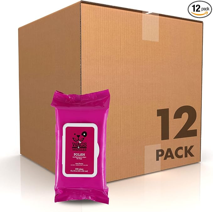 Wags and Wiggles Polish Multipurpose Wipes for Dogs, Very Berry Scent - Scented Wipes that Clean and Condition Your Dog’s Coat Between Baths, Gentle Formula, 100 Count - 12 Pack