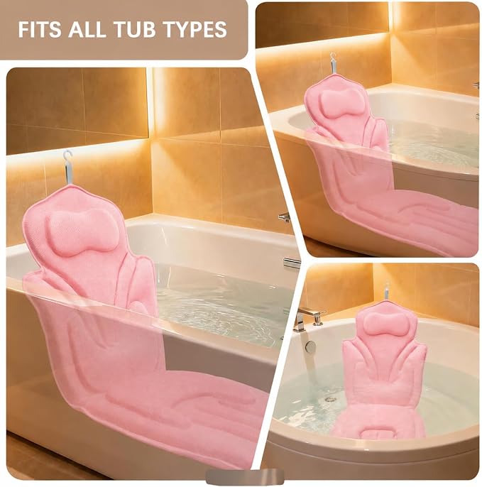 Full Body Bath Pillow for Bathtub - Thick Bathtub Cushion, Bathtub Pillow with 114 Suction Cups, 5D Air Mesh Bath Pillows for Tub Full Body, Head Neck Back Support, Pink 59 x 20 in