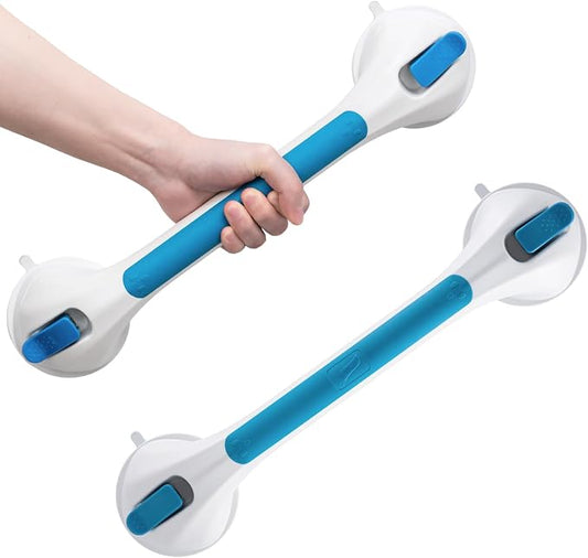 LEVERLOC 2 Pack Shower Grab Bars for Bathtubs and Showers, Easy to Install Suction Shower Handles for Bathroom Removable Handrails for Seniors Elderly Heavy Duty Safety Grip Waterproof Drill Free Blue