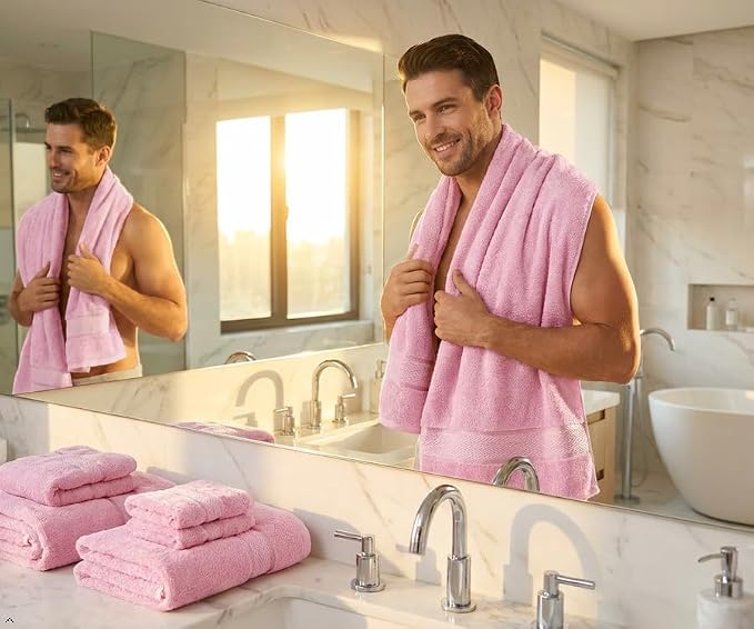 Luxury Cotton Bath Towel Set - 6 Piece - Pink - 100% Cotton - Quick Dry, Absorbent, Plush, Soft - Home, Hotel, Pool, Shower Towels