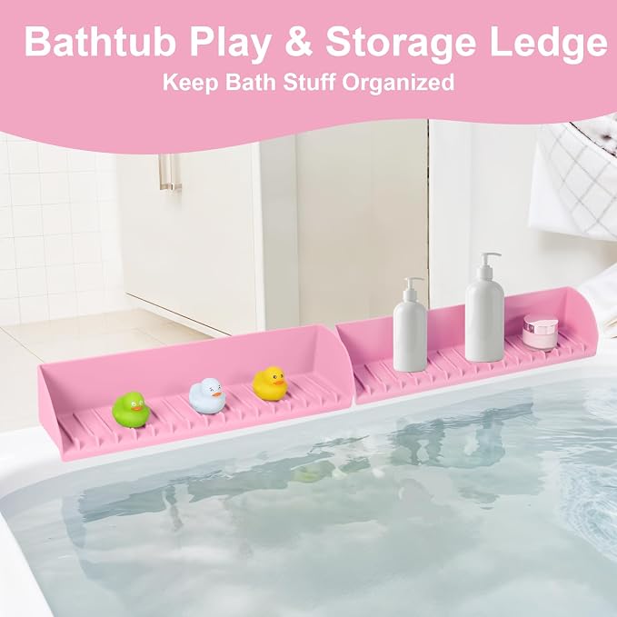 Tub Splash Guard for Kids, Bathtub Edge Water Guard Play Shelf and Toy Storage Organizer, Bathroom Sink Silicone Splash-Resistant with 4 Suction Cups, Easy to Install, Pink, 1 Pack