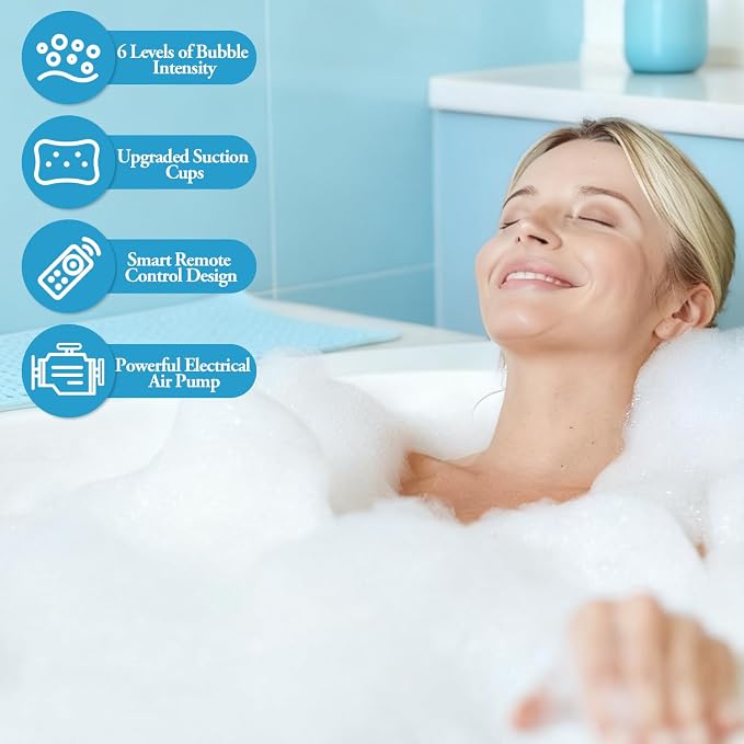 Crossing King Bubble Bath Mat Tub Spa Massager - Spa Mat for Smooth Bathtub, Non-Slip Suction Cups, Upgraded Noise-Reducing Machine, 6-Speed Bubbles, Pillow and Remote for Relaxation, 45*17in (Gray)