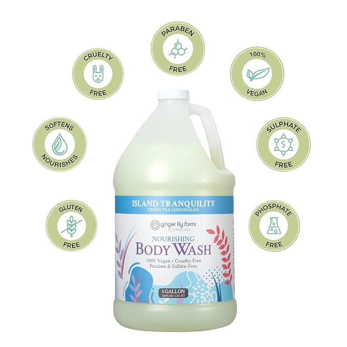 Ginger Lily Farms Botanicals Nourishing Body Wash, Island Tranquility, 100% Vegan & Cruelty-Free, Green Tea Lemongrass Scent, 1 Gallon Refill (128 fl. oz.)