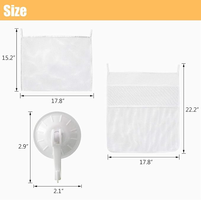 TTSAM Bath Toy Organizer Mesh Storage Organizer Baby Shower Toys Bathtub Net Bag Kids Quick Dry Bathtub Mesh Net Bathtub Toy Holder 2 X Bathroom Storage Bag & 6 X Strong Suction Hooks (White)