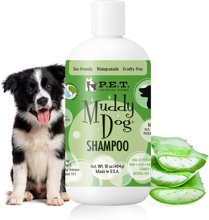P.E.T. Muddy Dog Deep-Clean Shampoo — Shea Butter, Papaya & Kiwi Blend — 10 : 1 Concentrated Moisturizing, Degreasing & Deodorizing Formula — Cosmetic Grooming (Not a Pesticide) — 16 oz