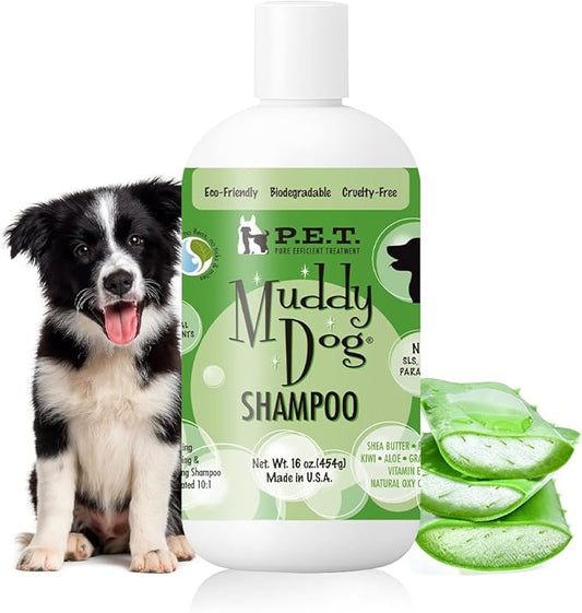 P.E.T. Muddy Dog Deep-Clean Shampoo — Shea Butter, Papaya & Kiwi Blend — 10 : 1 Concentrated Moisturizing, Degreasing & Deodorizing Formula — Cosmetic Grooming (Not a Pesticide) — 16 oz