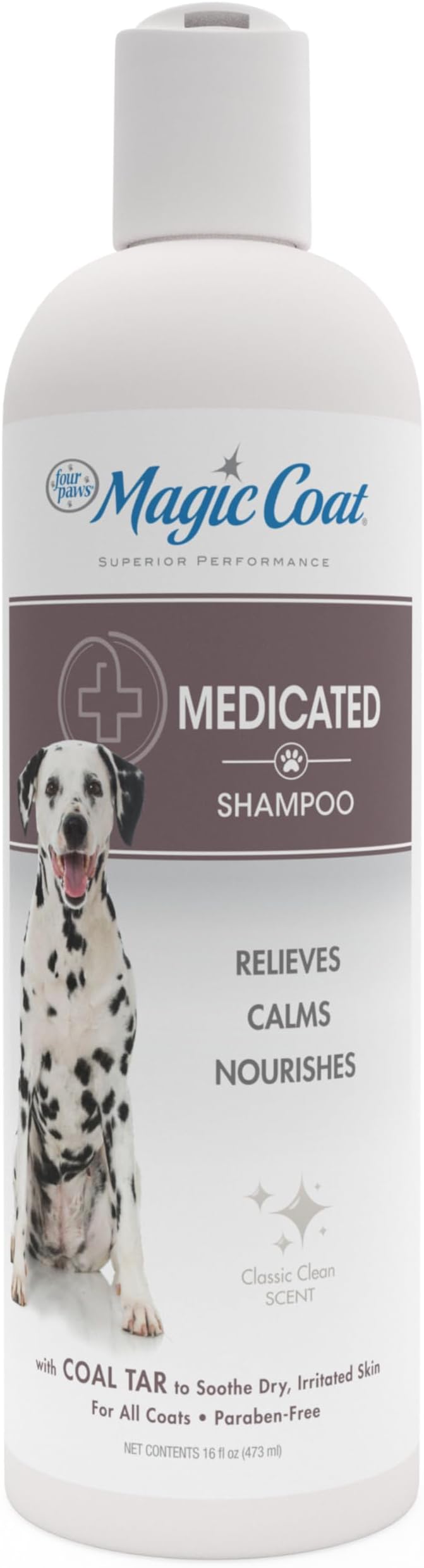 Four Paws Magic Coat Medicated Shampoo for Dogs with Coal Tar, Moisturizing Dog Wash for Itchy Dry Skin, Dog Grooming, Classic Clean Scent, 16 Ounce