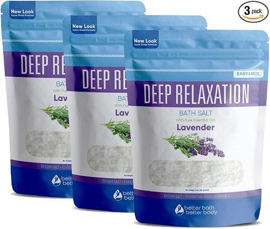 Deep Relaxation Bath Salt (3 Pack Plus Scoop) Relaxing Bath Soak with Pure Lavender Essential Oil in BPA Free Pouch with Press Lock Seal Made in USA 3 Pack of 2 Lbs 6 Lbs Total