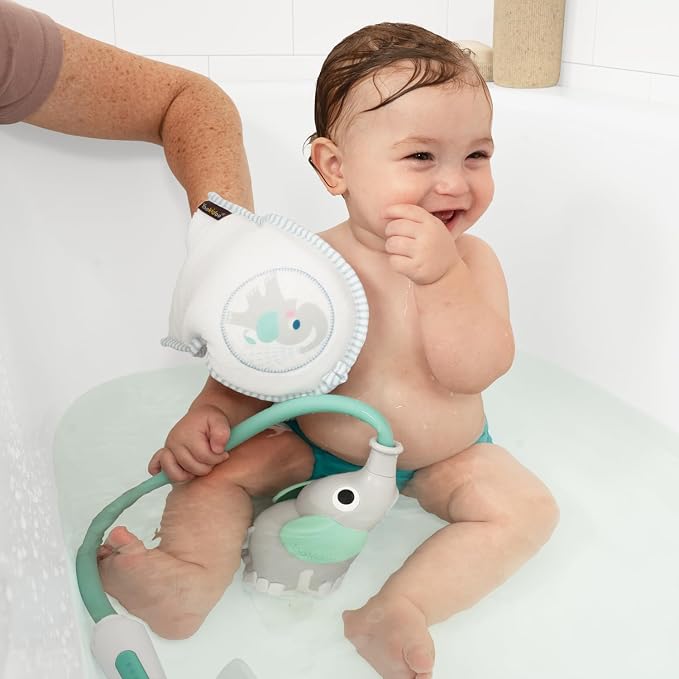 Yookidoo Elephant Baby Bath Toy Rinser with Washing Glove – Fun Battery-Operated Water Play & Trunk Spout Sprayer, Gentle Sink or Tub Bathing Essential for Newborns (Wash & Glove Turquiose)