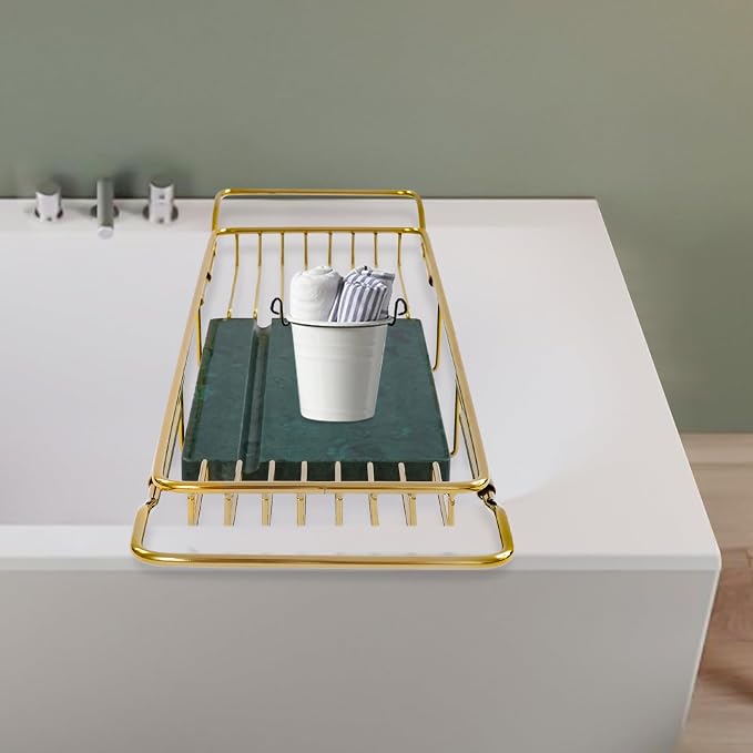 Bathtub Tray for Tub, Metal Expandable Extra Wide Bath Caddy Tray for Bathtub with Natural Marble Groove for Bath Spa (Gold Frame Green Marble Base)