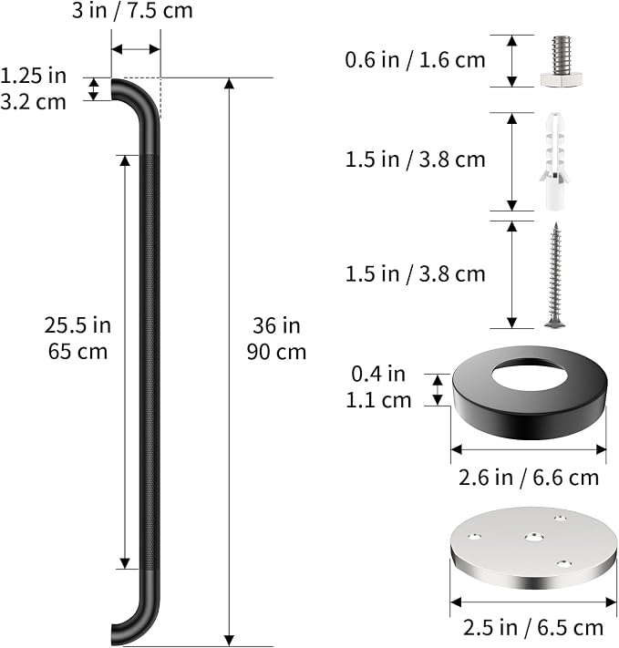 36 Inch Anti Slip Shower Grab Bar, ZUEXT Matte Black Stainless Steel Long Bathroom Safety Handle w/Knurled Grip, Heavy Duty Wall Mounted Bathtub Toilet Stair Support Rail for Seniors Disabled