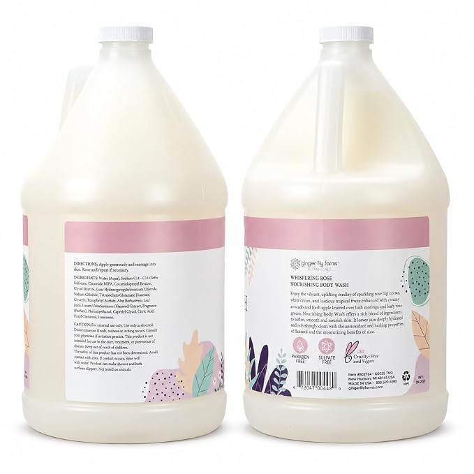 Ginger Lily Farms Botanicals Nourishing Body Wash, 100% Vegan & Cruelty-Free, Whispering Rose Scent, 1 Gallon (Pack of 4)