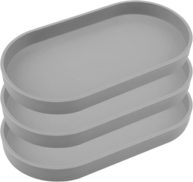 Gray Small Oval Tray (10 inch), 3 Pack, Countertop Organizer | for Kitchen Counter, Bathtub Bathroom Vanity Items, Coffee Accessory, Bar, Serving Seasoning, Salt and Pepper, Soap, Perfume.