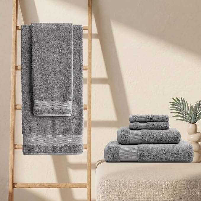 BIOWEAVES 100% Organic Cotton 700 GSM Plush 6-Piece Towel Set GOTS Certified, 2 Bath Towels, 2 Hand Towels & 2 Washcloths - Light Grey