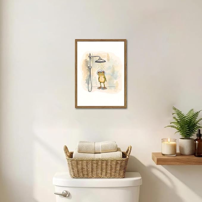 Funny Frog Bathroom Wall Art Cute Frog Bathroom Wall Decor Picture Whimsical Animal Shower Poster Canvas Print Painting for Restroom 16x24 inch Wood Framed