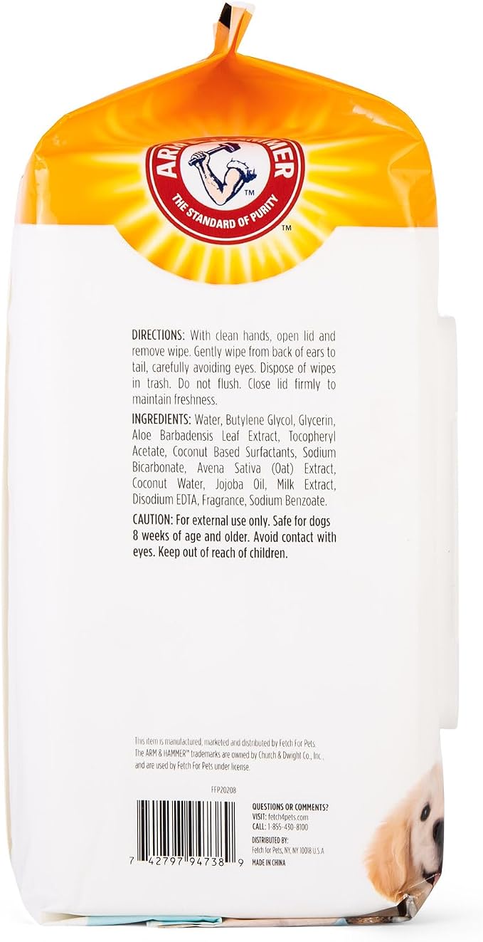 Arm & Hammer Dog Grooming Wipes, Deodorizing Dog Cleaning Wipes with Coconut Water, Gentle for Dogs and Puppies, Paraben and Sulfate Free Formula, Light Coconut Scent, 100 Count - 3 Pack