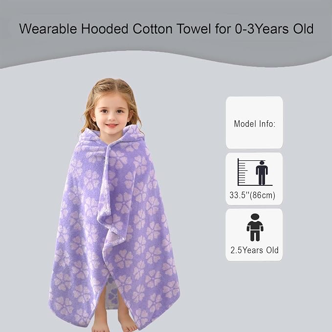 VOOVA & MOVAS Toddler Hooded Bath Towel, 25''X40 (0-3T), Soft | Thick | 100% Cotton | Absorbent Hooded Towel Wrap for Girl, Perfect for Beach, Pool, Bath, Swimming,Purple Flower