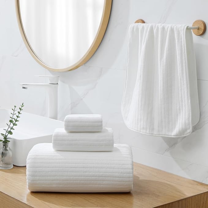 YTYC 39x78 Bath Sheets Extra Large Bath Towels Set for Adults Super Soft Absorbent Striped Microfiber Oversized Bathroom Towels - White, 6 PCS