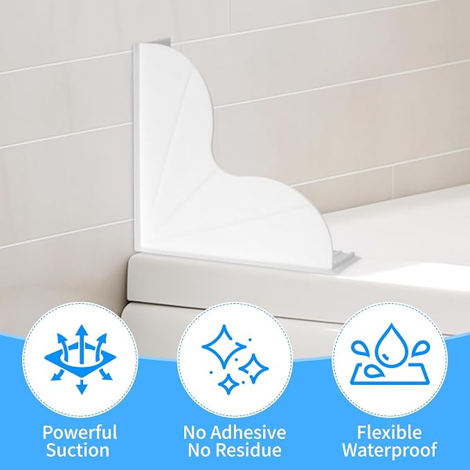 2 PCS Water Splash Guard Shower, No-Adhesive Silicone Splash Guard for Bathtub, Angle Water Stopper, Durable Easy to Remove, Keep Floor Drier (White)