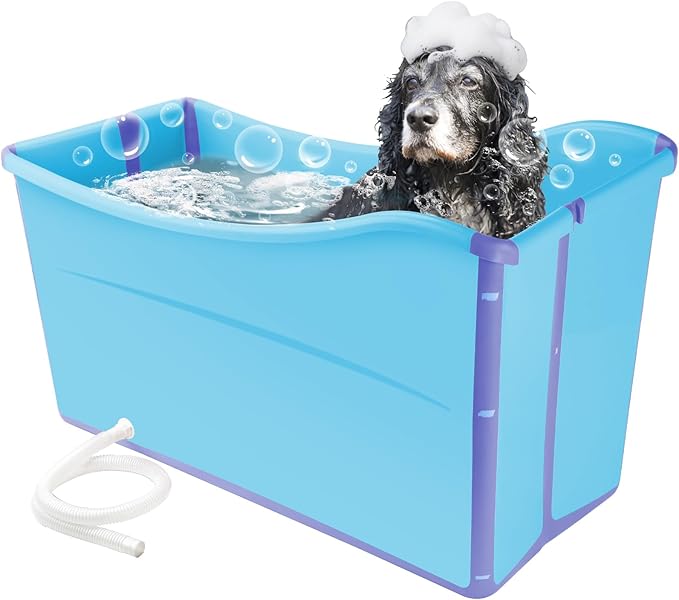 FHTONGE 49Gal/186L Collapsible Extra Large Dog Bathtub with Drainage, Thicken Portable Shower Bucket for Big Dog Indoor/Outdoor Bathing Camping, Freestanding Surround Pet Large Soaking Barrel Bule