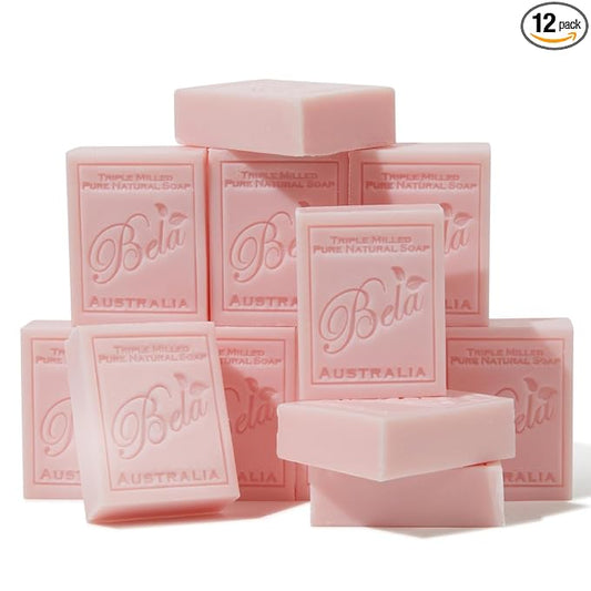 BELA Rose Soap 3.3 OZ Pack of 12, French Triple Milled Bar Soap Rose and Petals with Organic Shea Butter, Hand, Face and Body Wash Bar Made in Australia