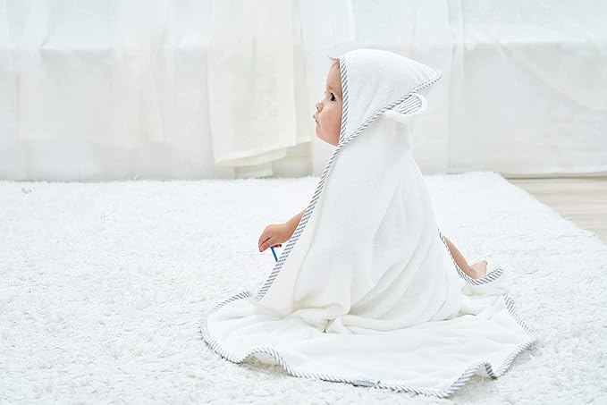 HIPHOP PANDA Hooded Towel - Rayon Made from Bamboo, Bath Towel with Bear Ears for Newborn, Babie, Toddler, Infant - Absorbent Large Baby Towel - White, 30 x 30 Inch