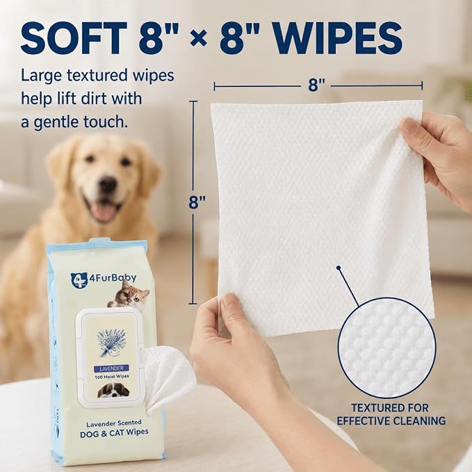 8" x 8" Dog Wipes for Paws and Butt, Lavender, 400 Count | Hypoallergenic and hydrating pet grooming wipes for dogs, cats, and daily care.