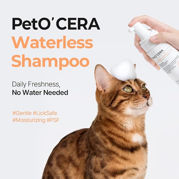 PetO’Cera Skin-First Waterless Cat Shampoo - 100% Licking Safe No Rinse Dry Bath Foam, Gentle & Hypoallergenic, Dander & Odor Control, Vet-Approved, 6.76 fl oz