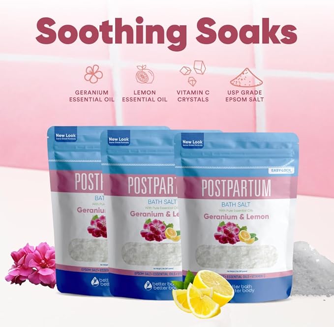 Postpartum Bath Salt (3 Pack) Postpartum Bath Soaks USP Grade Epsom Salt with Pure Essential Oils in BPA Free Pouch with Press Lock Seal Made in USA Three 2 Lbs Pouches 6 Lbs Total