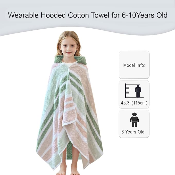 VOOVA & MOVAS Kids Hooded Towel Wrap(Ages 6-10) – 100% Cotton, Soft & Absorbent, Fast-Drying, Versatile Beach, Pool, Swim & Bath Cover-Up, Green Blush Stripe
