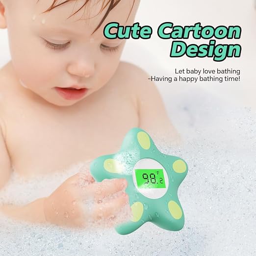 Baby Bath Thermometer for Infant & Toddler, Floating Digital Water Temperature Thermometer with 3-Color LED Backlight, Instant Accurate Reading,Baby Bath Toy,Hot & Cold Alert（Green starfish）