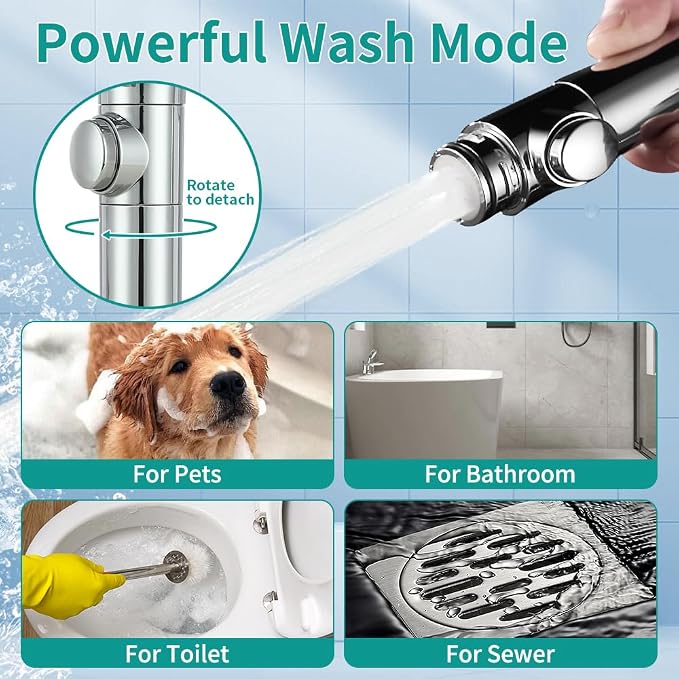 Handheld Shower Head with 79" Extra Long Hose 7 Modes High Pressure Shower Head with On Off Switch Button and Powerful Wash Modes for Pets Bath, Chrome