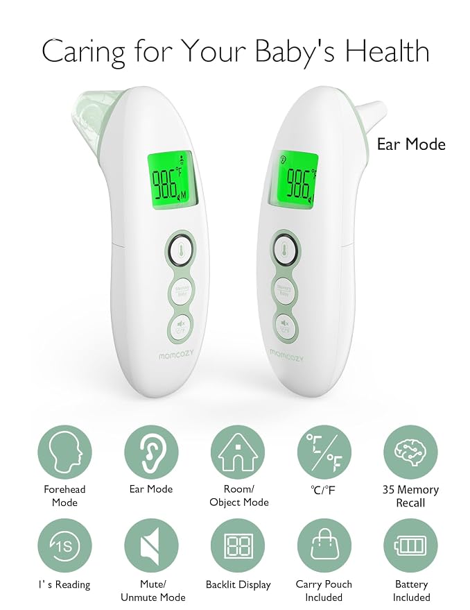 Momcozy Non-Contact Forehead and Ear Thermometer, Digital Infrared Thermometer for Adults and Kids, with Child Mode, Fever Alarm Function, Mute and Memory Functions, Fast and Accurate Measurement
