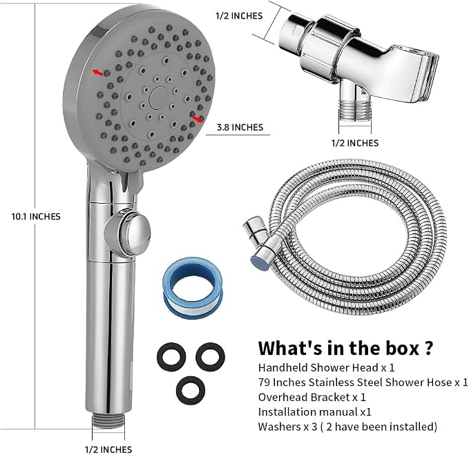Handheld Shower Head with 79" Extra Long Hose 7 Modes High Pressure Shower Head with On Off Switch Button and Powerful Wash Modes for Pets Bath, Chrome