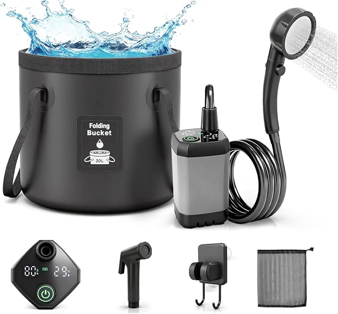 Portable Shower with Heater 6000mAh Rechargeable Camping Shower with LED Display, 3 Spray Modes, IPX7 Waterproof Shower Pump Foldable Bucket Outdoor Showering for Travel