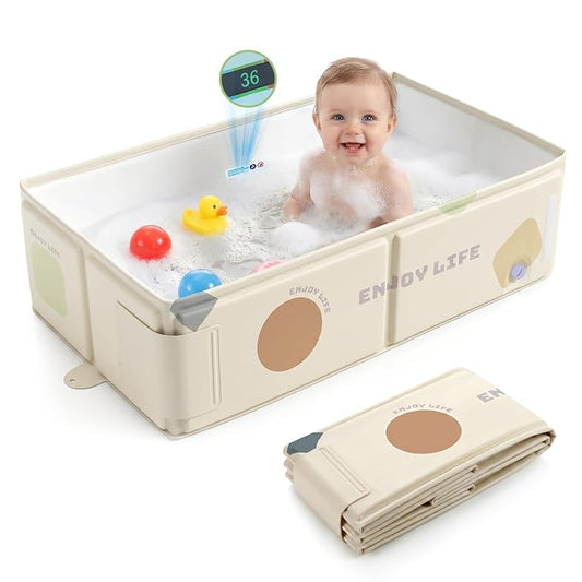 Orzbow Toddler Bathtub with Temperature Sticker, Collapsible Baby Bathtub with Side Drain Plug, Portable Bath Tub for Infant 6 Months+, Easy to Clean, Stable & Durable, Folds to Store, White