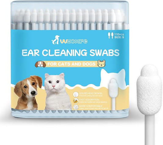 Small-Head Dog Ear Swabs, Gourd Cotton Tips, 110 pcs | Soft cotton-paper sticks in sealed packs for folds, paws, post-play cleanup, bathroom or travel.
