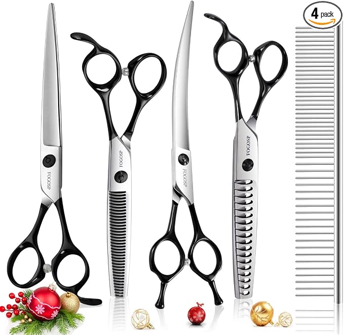 Professional 7.5" Dog Grooming Scissors Kit 4pcs, JP 440C Stainless Steel Curved Blender Straight Chunker Shears for Dog Cat and Pets (7.5 in Kit, Black)