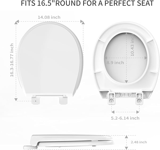 Round Toilet Seat Soft Close 16.5 Inch, Quiet No Slam Toilet Lid, Quick Release & Easy Installation, Durable PP Material, Easy Clean Ergonomic Design, White, 2 Pack