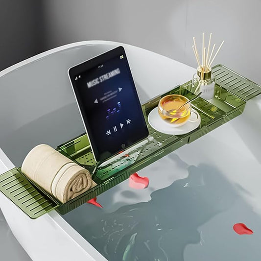 Expandable Bathtub Tray, Adjustable Bathtub Caddy Tray Bathtub Caddy for Luxury Bath, Multifunctional Bathtub Storage Rack for Book Wine Glasses Phone Bath Products, with Anti-Slip mat.