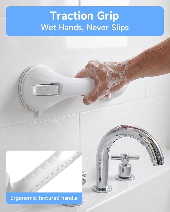 Shower Grab Bars for Shower and Bathtubs, 2 Pack Suction Shower Handle for Elderly, Suction Cup Removable Handrails Safety Grip, Heavy Duty and No Drilling, 12 in - White