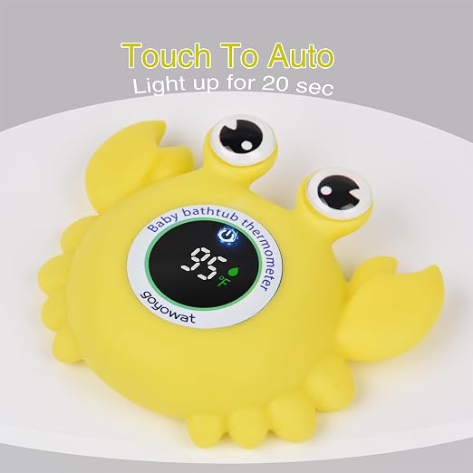 Baby Bathtub Thermometer with LED Display Screen+Yellow Crab toy-2-in-1 | Color Coded Alarm (Cold/Comfortable/hot) Bath Temperature Monitor, Adorable Floating Toys for Infants, Essential for Babies