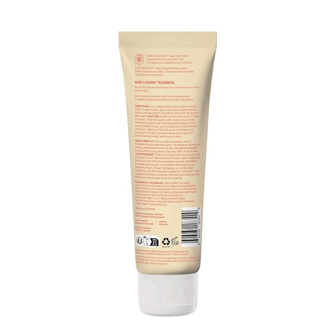 ATTITUDE Bubble Body Wash for Baby, EWG Verified, Dermatologically Tested, Plant and Mineral-Based, Vegan, Pear Nectar, 8 Fl Oz