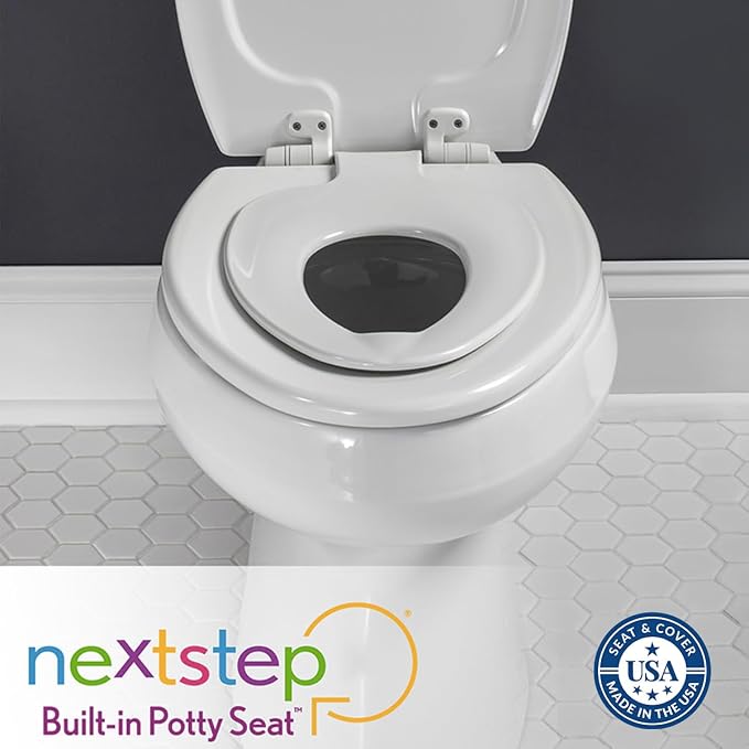 Mayfair NextStep2 Toilet Seat with Built-In Potty Training Seat, Slow-Close, Removable that will Never Loosen, Round, White, 2-Pack