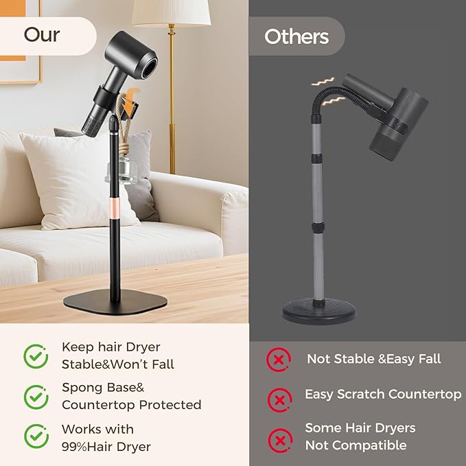Hair Dryer Stand Holder-19 inch Ultra Stable Countertop Blow Dryer Stand | Enlarged Base Pedestal, Hands Free Blow Dryer Stand, 360 Degree Rotating, Height Adjustable, Works for 99% Blow Dryer